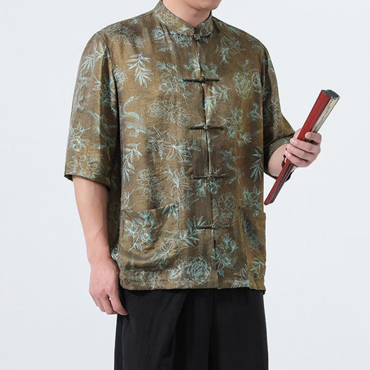 Buddha Stones Camisas de manga tres cuartos para hombre con cuello mandarín, botones de rana y estampado floral, estilo Summer Tang, para verano. - image 15