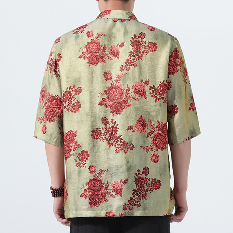 Buddha Stones Camisas de manga tres cuartos para hombre con cuello mandarín, botones de rana y estampado floral, estilo Summer Tang, para verano. - image 1
