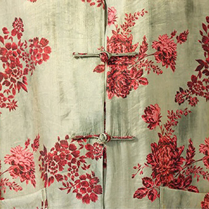 Buddha Stones Camisas de manga tres cuartos para hombre con cuello mandarín, botones de rana y estampado floral, estilo Summer Tang, para verano. - image 10
