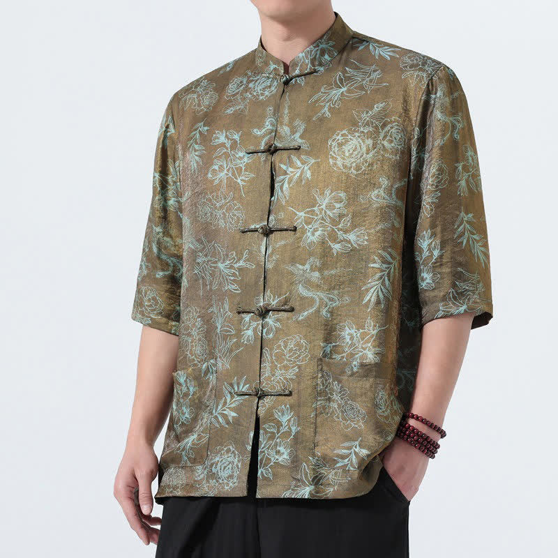Buddha Stones Camisas de manga tres cuartos para hombre con cuello mandarín, botones de rana y estampado floral, estilo Summer Tang, para verano. - image 16