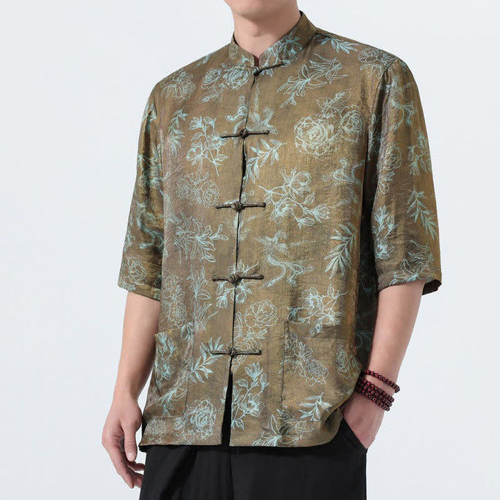 Buddha Stones Camisas de manga tres cuartos para hombre con cuello mandarín, botones de rana y estampado floral, estilo Summer Tang, para verano. - image 16