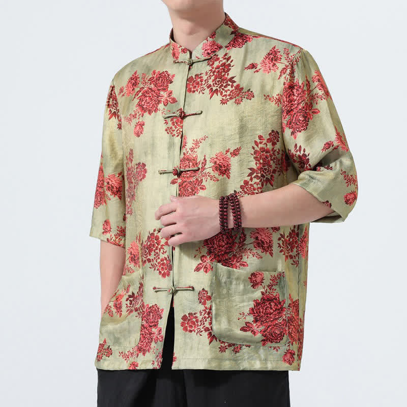 Buddha Stones Camisas de manga tres cuartos para hombre con cuello mandarín, botones de rana y estampado floral, estilo Summer Tang, para verano. - image 0