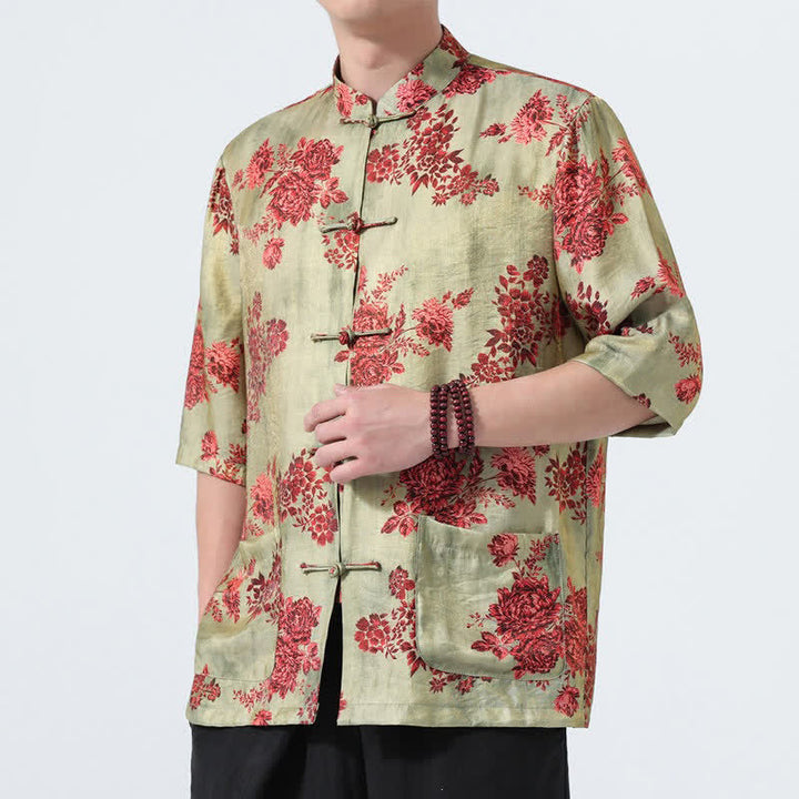 Buddha Stones Camisas de manga tres cuartos para hombre con cuello mandarín, botones de rana y estampado floral, estilo Summer Tang, para verano. - image 0