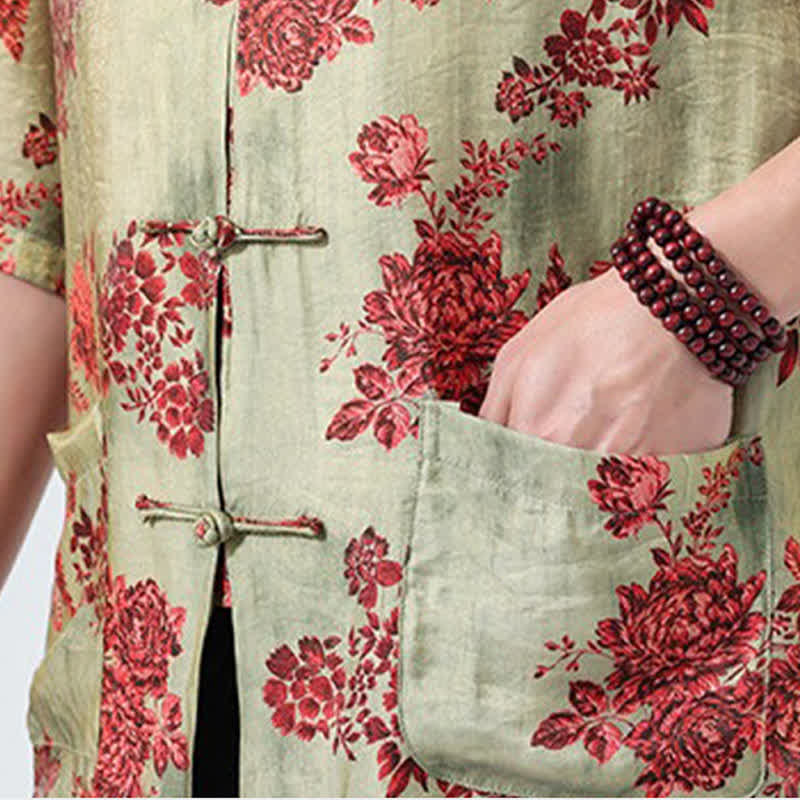 Buddha Stones Camisas de manga tres cuartos para hombre con cuello mandarín, botones de rana y estampado floral, estilo Summer Tang, para verano. - image 9
