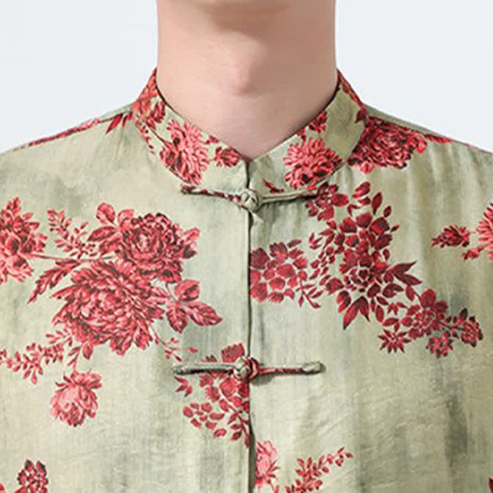 Buddha Stones Camisas de manga tres cuartos para hombre con cuello mandarín, botones de rana y estampado floral, estilo Summer Tang, para verano. - image 8