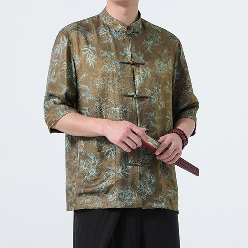 Buddha Stones Camisas de manga tres cuartos para hombre con cuello mandarín, botones de rana y estampado floral, estilo Summer Tang, para verano. - image 14
