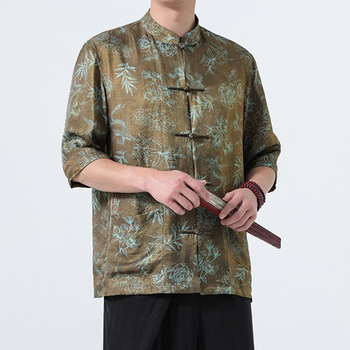 Buddha Stones Camisas de manga tres cuartos para hombre con cuello mandarín, botones de rana y estampado floral, estilo Summer Tang, para verano. - image 14
