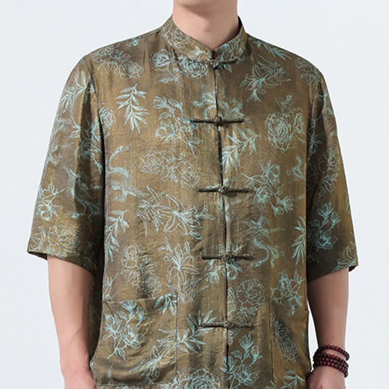 Buddha Stones Camisas de manga tres cuartos para hombre con cuello mandarín, botones de rana y estampado floral, estilo Summer Tang, para verano. - image 17