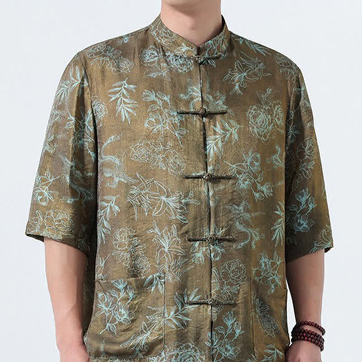 Buddha Stones Camisas de manga tres cuartos para hombre con cuello mandarín, botones de rana y estampado floral, estilo Summer Tang, para verano. - image 17