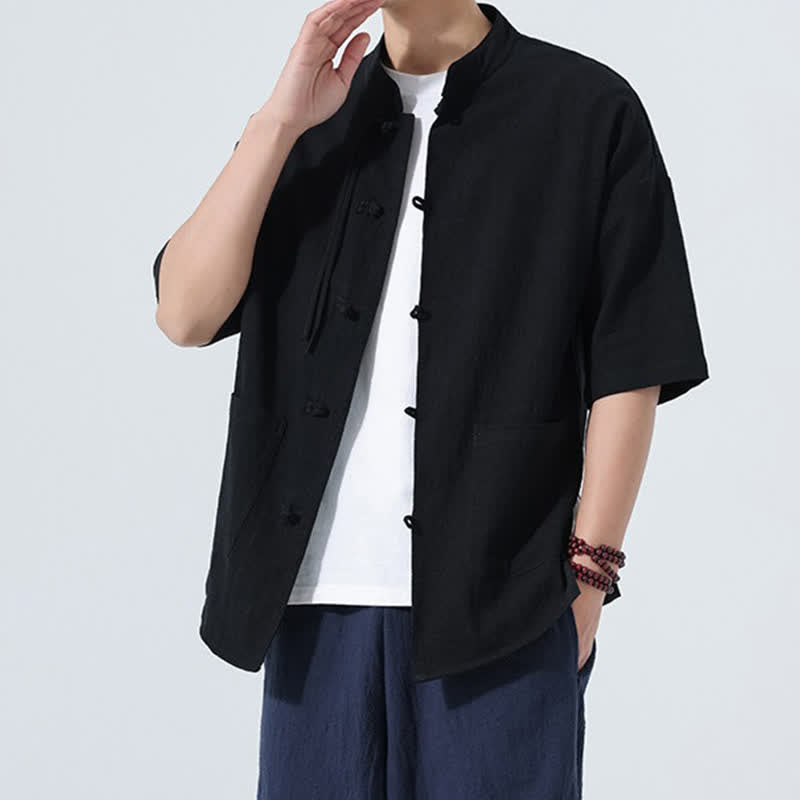 Buddha Stones Camisa de manga corta para hombre, color liso, con cuello mandarín, botones de rana y bolsillos, estilo casual de verano. - image 15