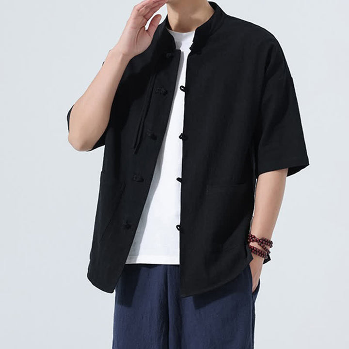 Buddha Stones Camisa de manga corta para hombre, color liso, con cuello mandarín, botones de rana y bolsillos, estilo casual de verano. - image 15