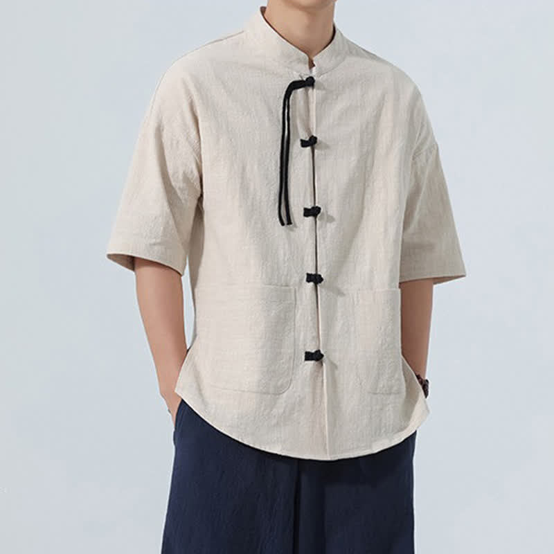 Buddha Stones Camisa de manga corta para hombre, color liso, con cuello mandarín, botones de rana y bolsillos, estilo casual de verano. - image 3