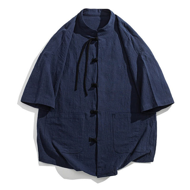 Buddha Stones Camisa de manga corta para hombre, color liso, con cuello mandarín, botones de rana y bolsillos, estilo casual de verano. - image 24