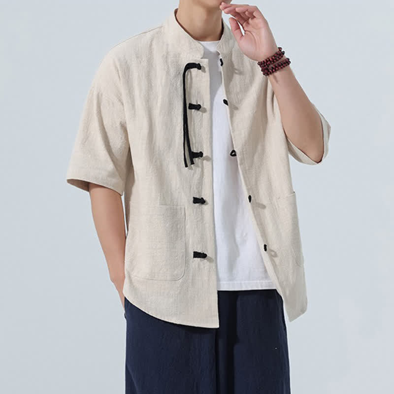 Buddha Stones Camisa de manga corta para hombre, color liso, con cuello mandarín, botones de rana y bolsillos, estilo casual de verano. - image 5
