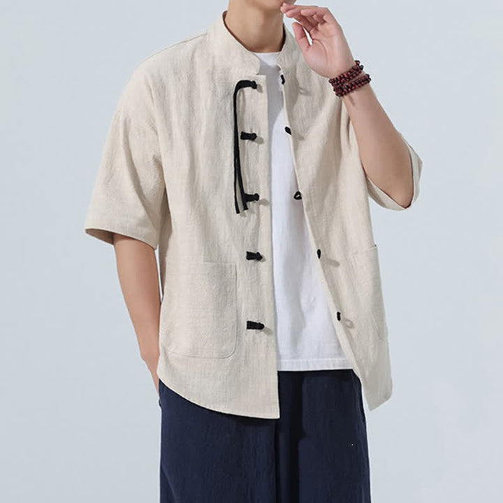 Buddha Stones Camisa de manga corta para hombre, color liso, con cuello mandarín, botones de rana y bolsillos, estilo casual de verano. - image 5