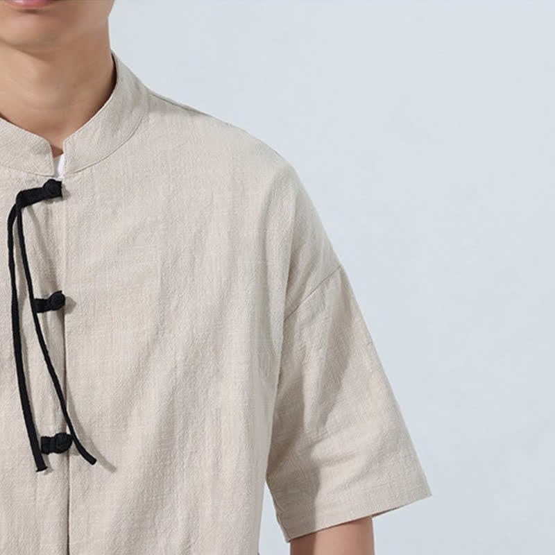 Buddha Stones Camisa de manga corta para hombre, color liso, con cuello mandarín, botones de rana y bolsillos, estilo casual de verano. - image 9
