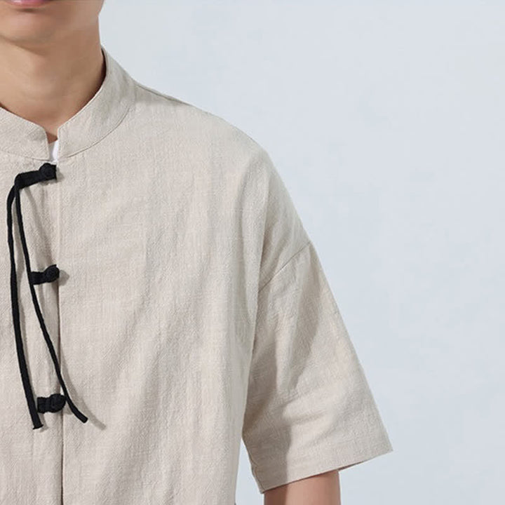 Buddha Stones Camisa de manga corta para hombre, color liso, con cuello mandarín, botones de rana y bolsillos, estilo casual de verano. - image 9