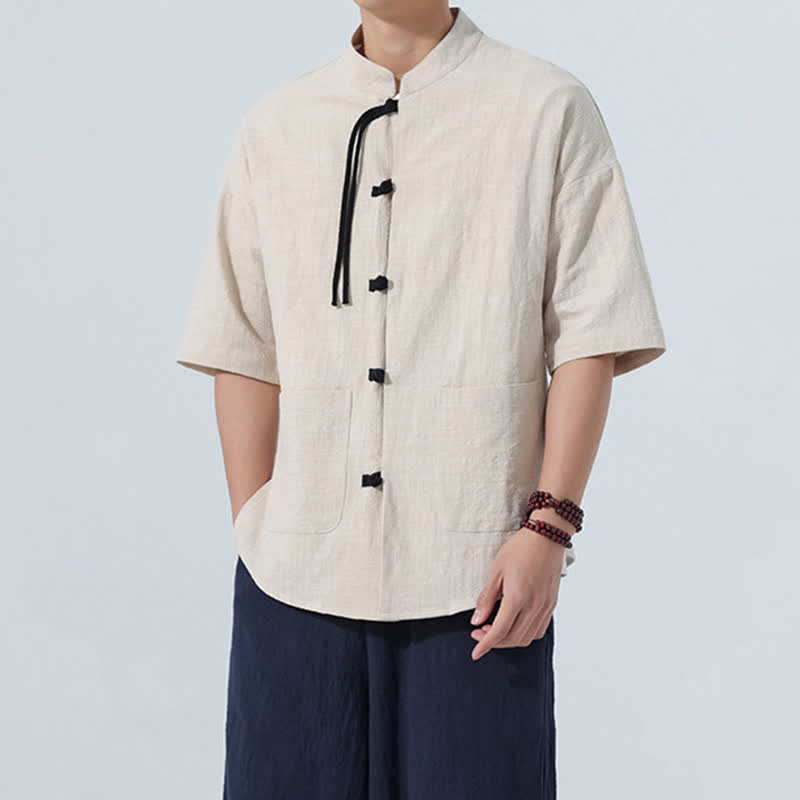 Buddha Stones Camisa de manga corta para hombre, color liso, con cuello mandarín, botones de rana y bolsillos, estilo casual de verano. - image 1