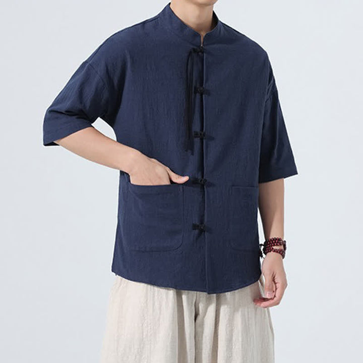 Buddha Stones Camisa de manga corta para hombre, color liso, con cuello mandarín, botones de rana y bolsillos, estilo casual de verano. - image 20