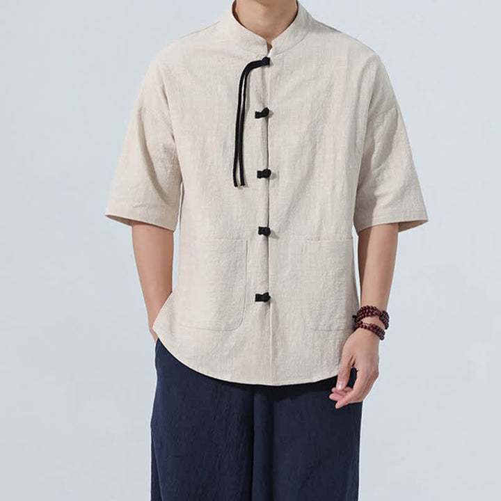Buddha Stones Camisa de manga corta para hombre, color liso, con cuello mandarín, botones de rana y bolsillos, estilo casual de verano. - image 7