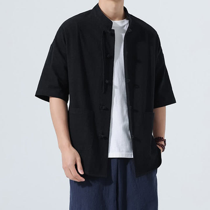 Buddha Stones Camisa de manga corta para hombre, color liso, con cuello mandarín, botones de rana y bolsillos, estilo casual de verano. - image 12