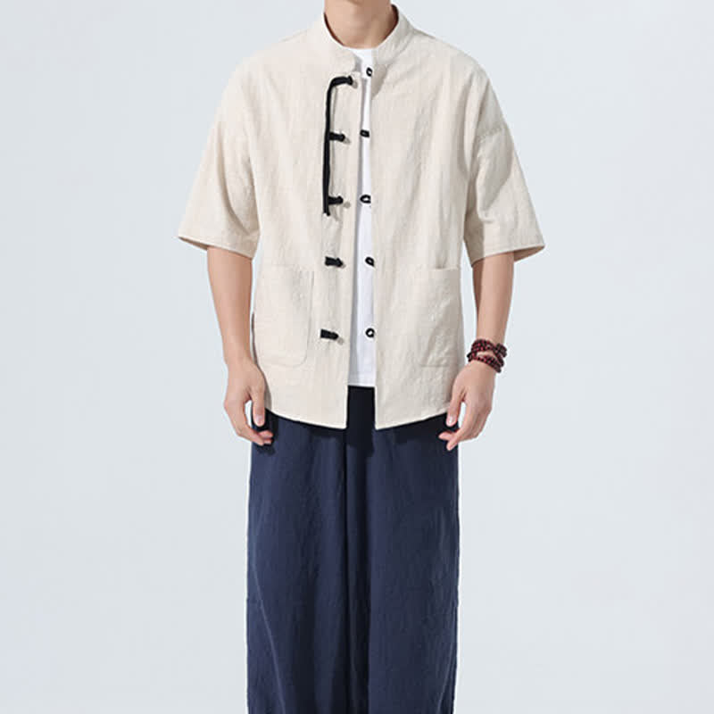 Buddha Stones Camisa de manga corta para hombre, color liso, con cuello mandarín, botones de rana y bolsillos, estilo casual de verano. - image 6