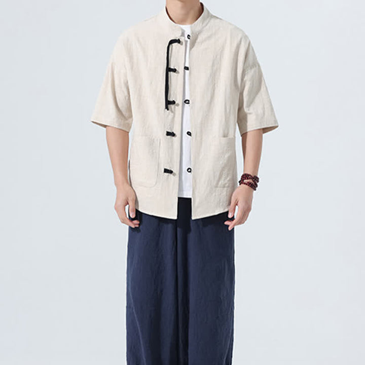 Buddha Stones Camisa de manga corta para hombre, color liso, con cuello mandarín, botones de rana y bolsillos, estilo casual de verano. - image 6