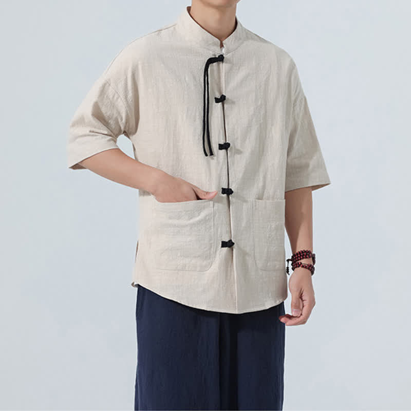 Buddha Stones Camisa de manga corta para hombre, color liso, con cuello mandarín, botones de rana y bolsillos, estilo casual de verano. - image 4
