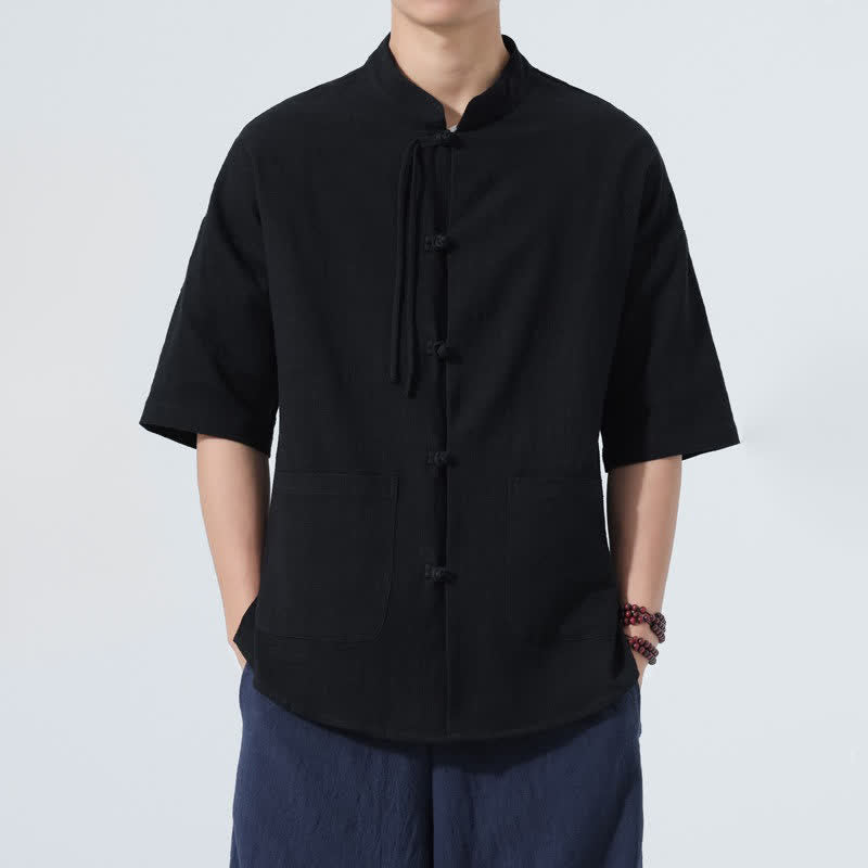 Buddha Stones Camisa de manga corta para hombre, color liso, con cuello mandarín, botones de rana y bolsillos, estilo casual de verano. - Negro - US/UK/AU48，EU58(5XL) - image 11
