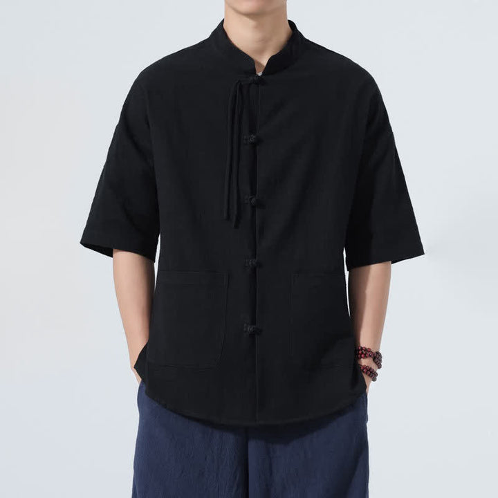 Buddha Stones Camisa de manga corta para hombre, color liso, con cuello mandarín, botones de rana y bolsillos, estilo casual de verano. - Negro - US/UK/AU48，EU58(5XL) - image 11