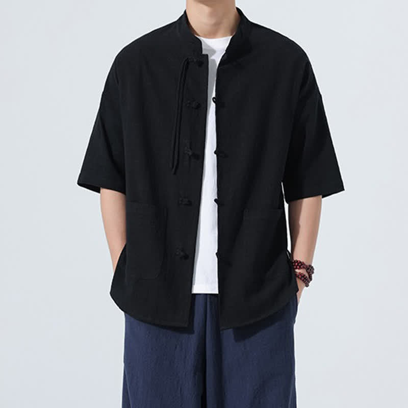 Buddha Stones Camisa de manga corta para hombre, color liso, con cuello mandarín, botones de rana y bolsillos, estilo casual de verano. - image 13