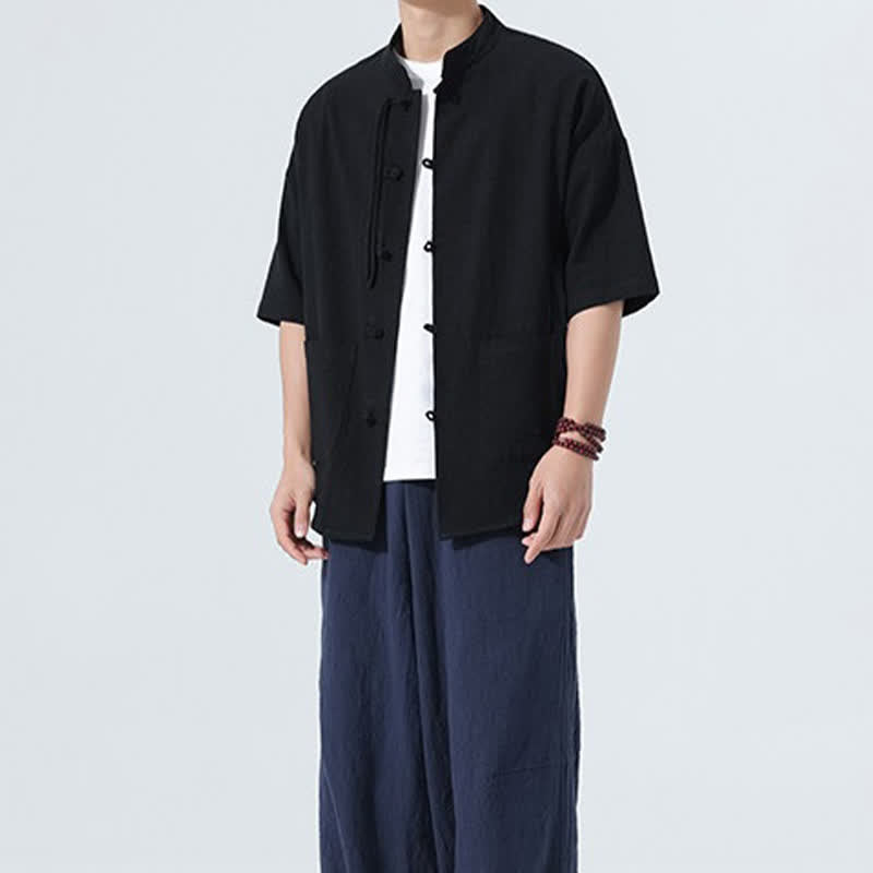 Buddha Stones Camisa de manga corta para hombre, color liso, con cuello mandarín, botones de rana y bolsillos, estilo casual de verano. - image 14