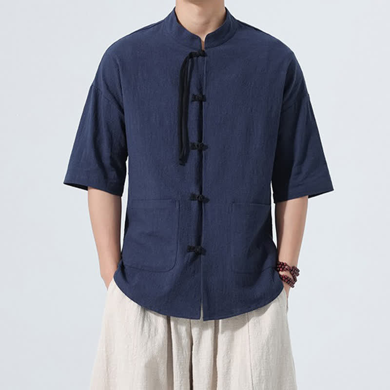 Buddha Stones Camisa de manga corta para hombre, color liso, con cuello mandarín, botones de rana y bolsillos, estilo casual de verano. - Azul medianoche - US/UK/AU48，EU58(5XL) - image 16