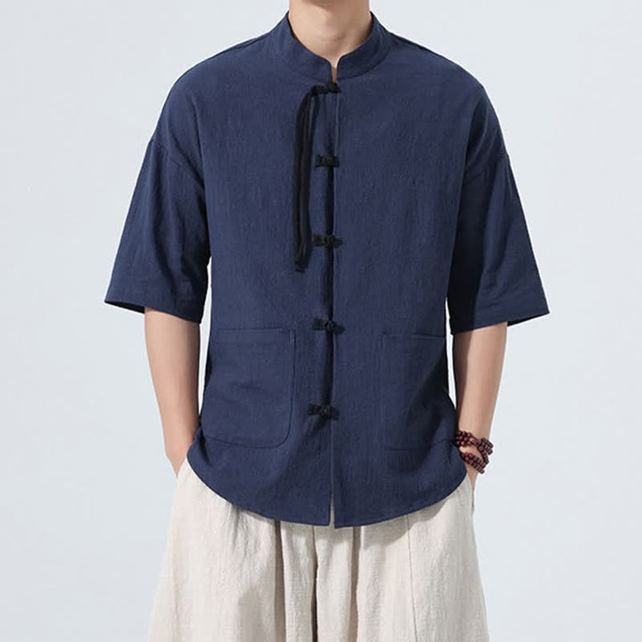Buddha Stones Camisa de manga corta para hombre, color liso, con cuello mandarín, botones de rana y bolsillos, estilo casual de verano. - Azul medianoche - US/UK/AU48，EU58(5XL) - image 16