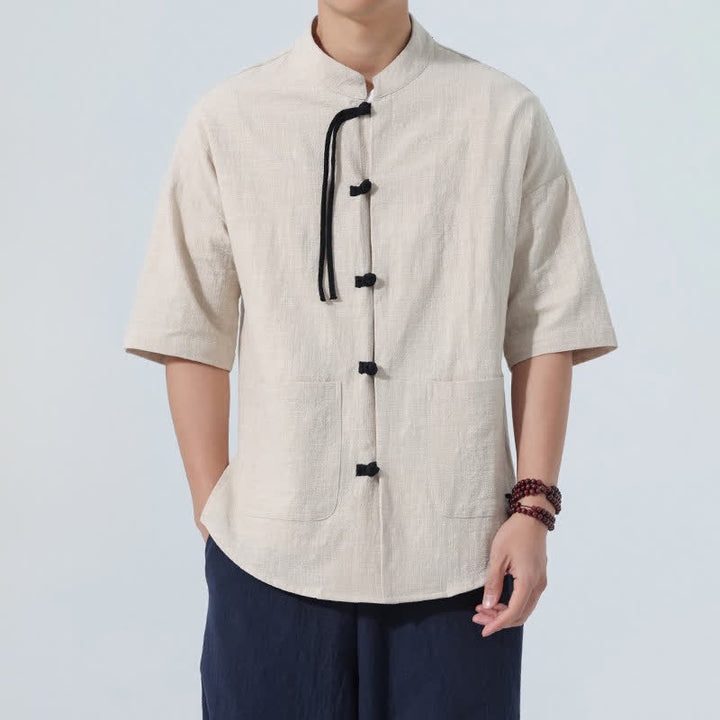 Buddha Stones Camisa de manga corta para hombre, color liso, con cuello mandarín, botones de rana y bolsillos, estilo casual de verano. - Lino - US/UK/AU48，EU58(5XL) - image 0