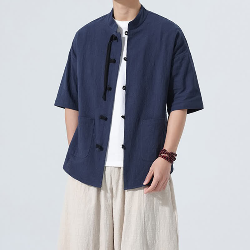 Buddha Stones Camisa de manga corta para hombre, color liso, con cuello mandarín, botones de rana y bolsillos, estilo casual de verano. - image 23
