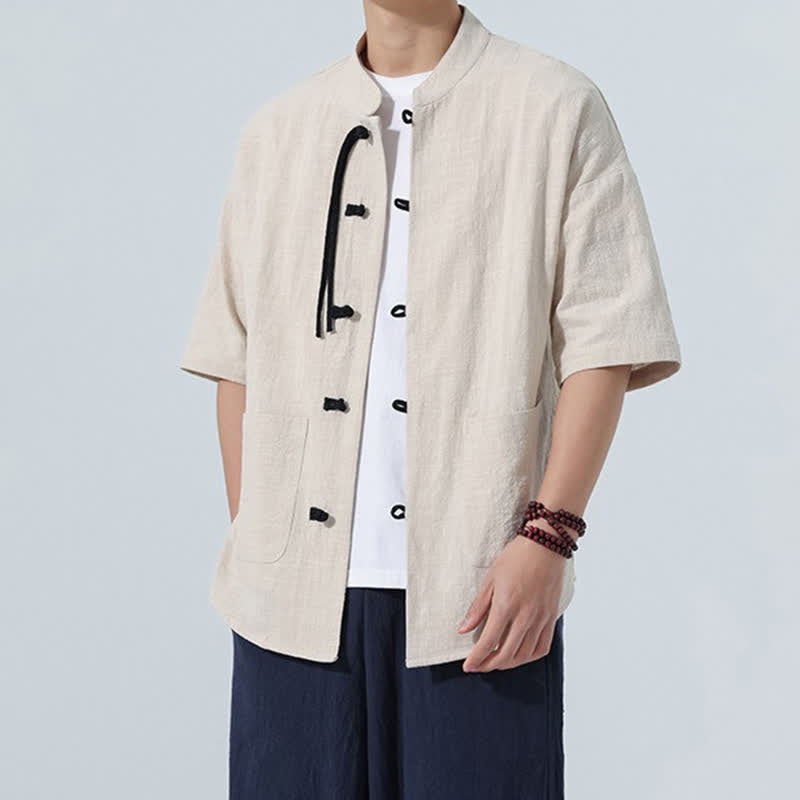 Buddha Stones Camisa de manga corta para hombre, color liso, con cuello mandarín, botones de rana y bolsillos, estilo casual de verano. - image 2