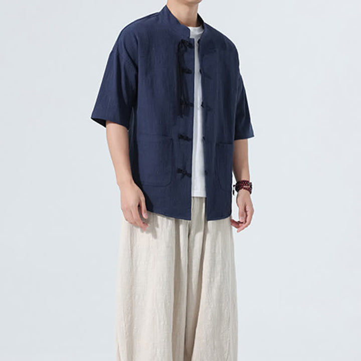 Buddha Stones Camisa de manga corta para hombre, color liso, con cuello mandarín, botones de rana y bolsillos, estilo casual de verano. - image 18