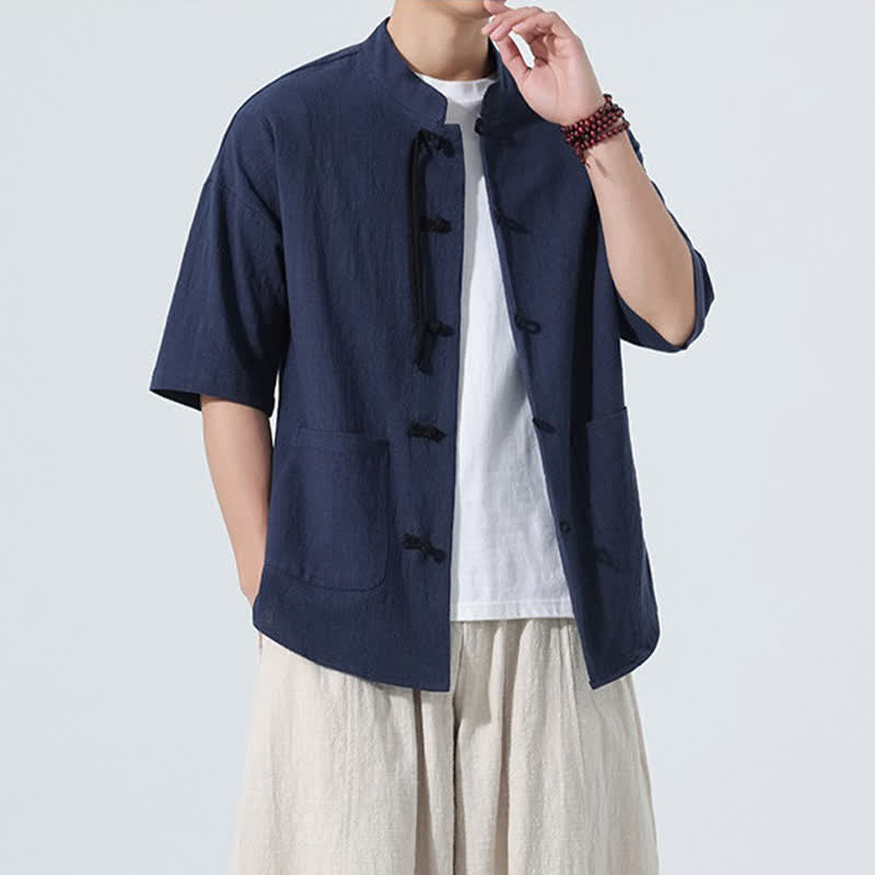 Buddha Stones Camisa de manga corta para hombre, color liso, con cuello mandarín, botones de rana y bolsillos, estilo casual de verano. - image 22