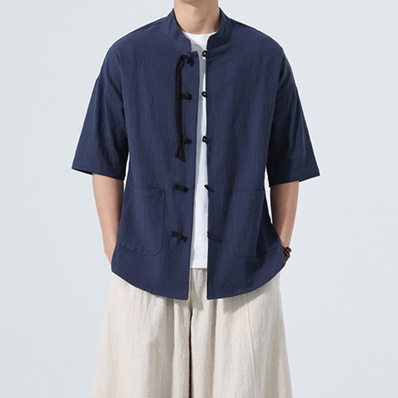 Buddha Stones Camisa de manga corta para hombre, color liso, con cuello mandarín, botones de rana y bolsillos, estilo casual de verano. - image 17