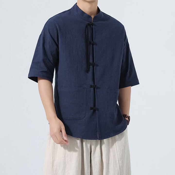 Buddha Stones Camisa de manga corta para hombre, color liso, con cuello mandarín, botones de rana y bolsillos, estilo casual de verano. - image 19
