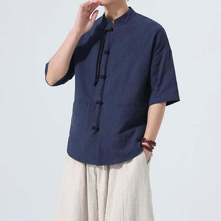 Buddha Stones Camisa de manga corta para hombre, color liso, con cuello mandarín, botones de rana y bolsillos, estilo casual de verano. - image 21