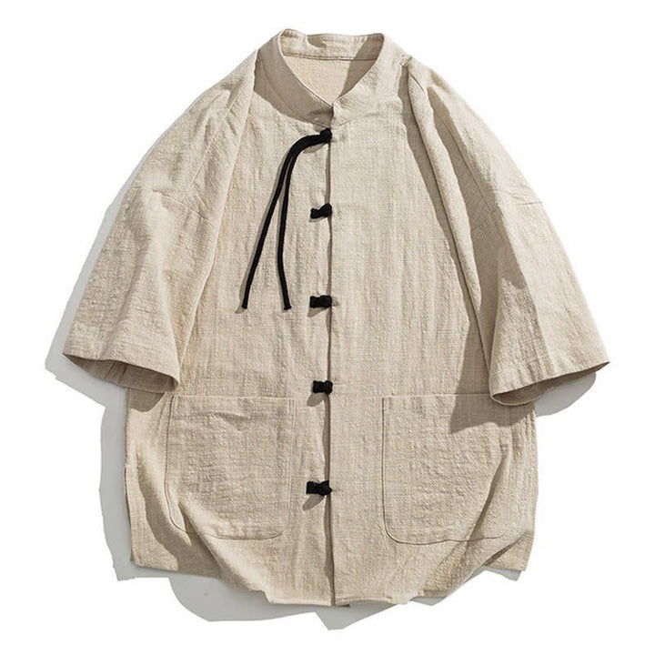 Buddha Stones Camisa de manga corta para hombre, color liso, con cuello mandarín, botones de rana y bolsillos, estilo casual de verano. - image 10