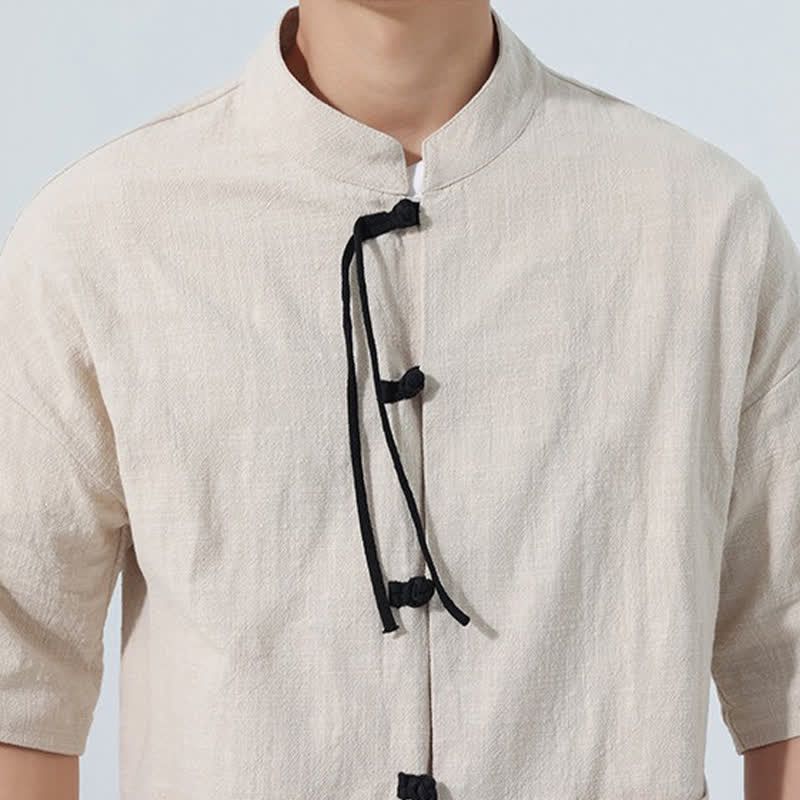 Buddha Stones Camisa de manga corta para hombre, color liso, con cuello mandarín, botones de rana y bolsillos, estilo casual de verano. - image 8