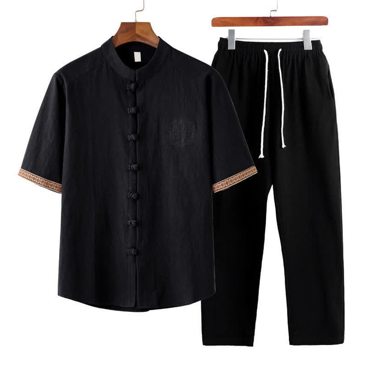 Buddha Stones Conjunto de verano de 2 piezas: camisa de manga corta con cuello mandarín y botones de rana, pantalón harem, ropa de meditación para hombre con bolsillos. - Negro - US/UK/AU46, EU56 (5XL) - image 11