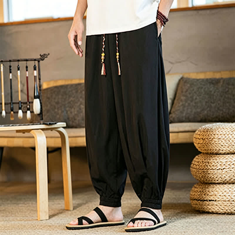 Buddha Stones Pantalones harem de verano informales para hombre con cordón ajustable, bajo elástico y bolsillos. - image 5