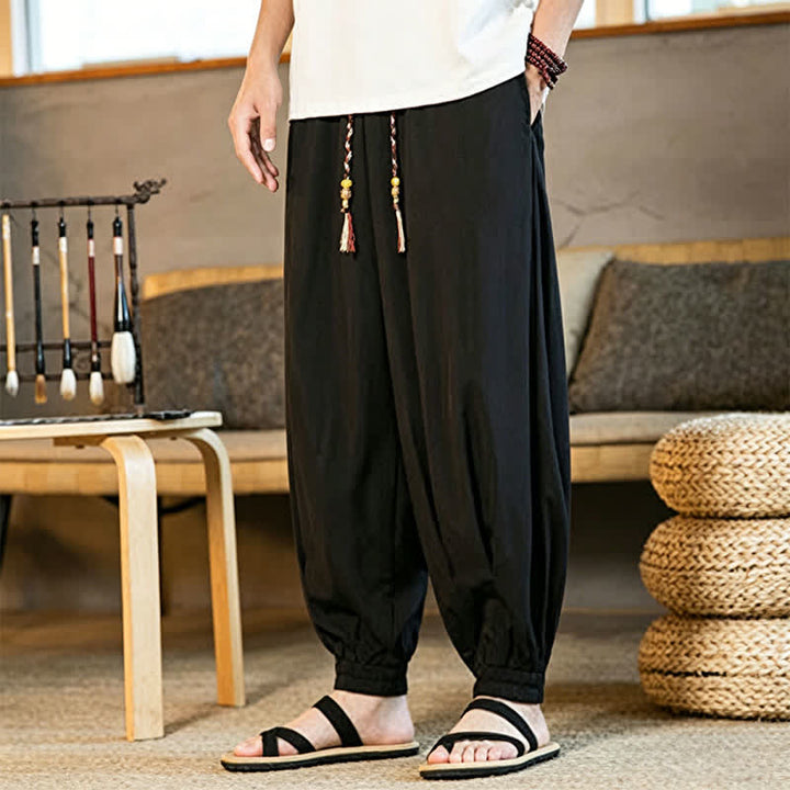 Buddha Stones Pantalones harem de verano informales para hombre con cordón ajustable, bajo elástico y bolsillos. - image 5