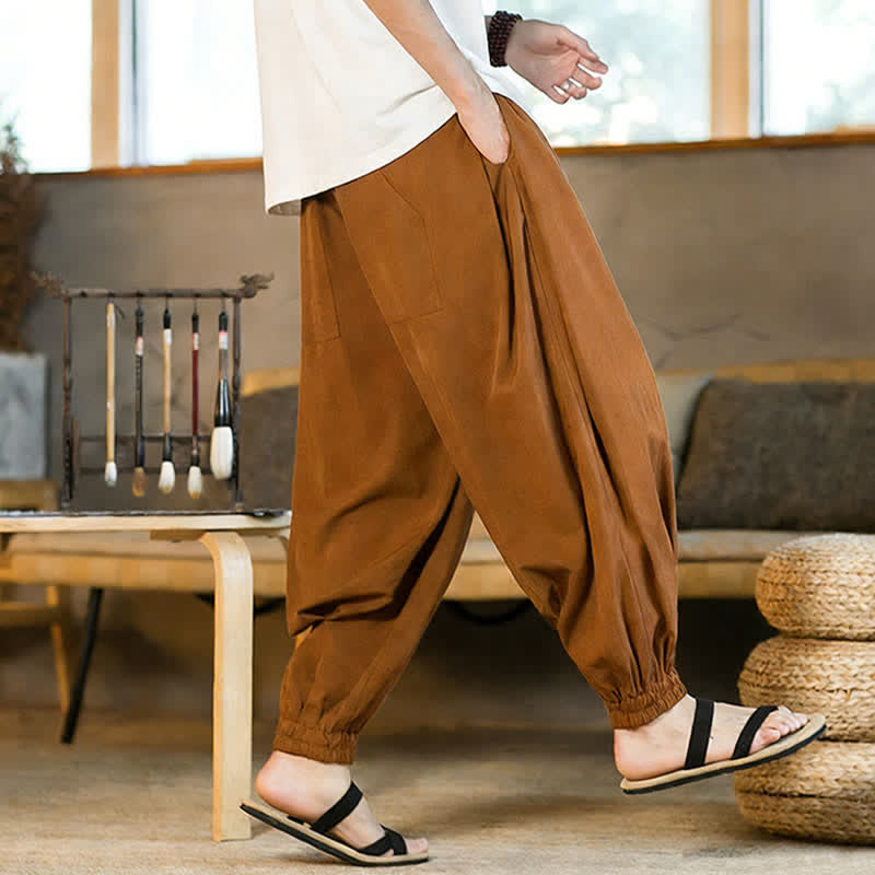 Buddha Stones Pantalones harem de verano informales para hombre con cordón ajustable, bajo elástico y bolsillos. - image 3