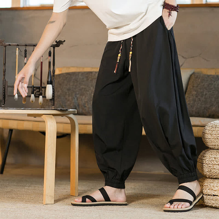 Buddha Stones Pantalones harem de verano informales para hombre con cordón ajustable, bajo elástico y bolsillos. - Negro - US/UK/AU46, EU56 (5XL) - image 4