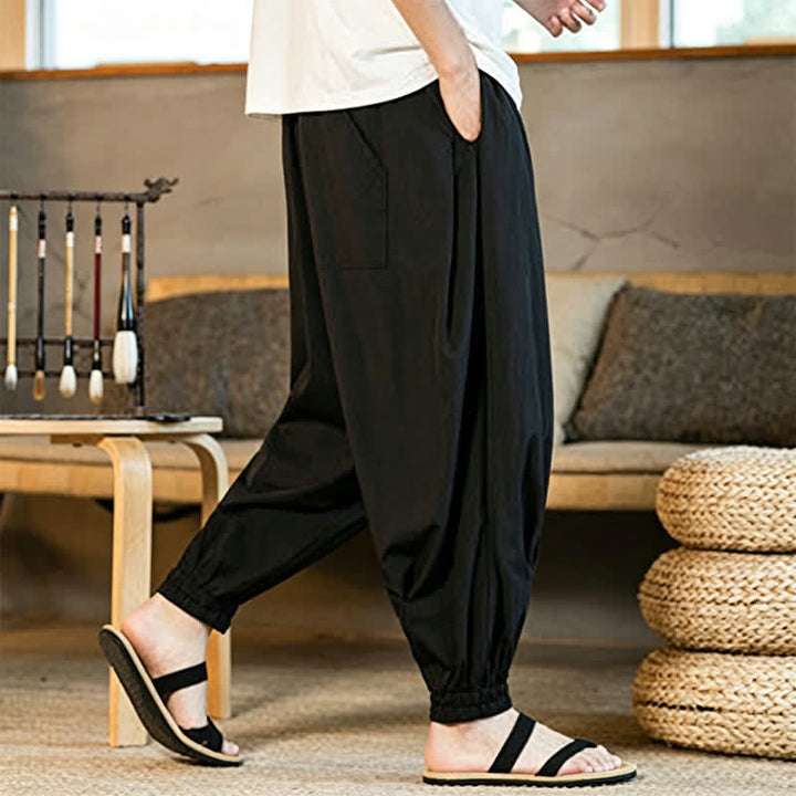 Buddha Stones Pantalones harem de verano informales para hombre con cordón ajustable, bajo elástico y bolsillos. - image 8